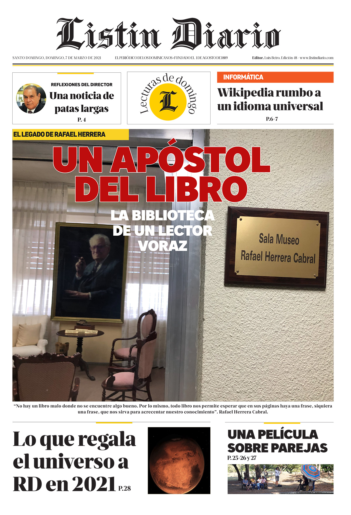 Portada Periódico Listín Diario, Domingo 07 de Marzo, 2021