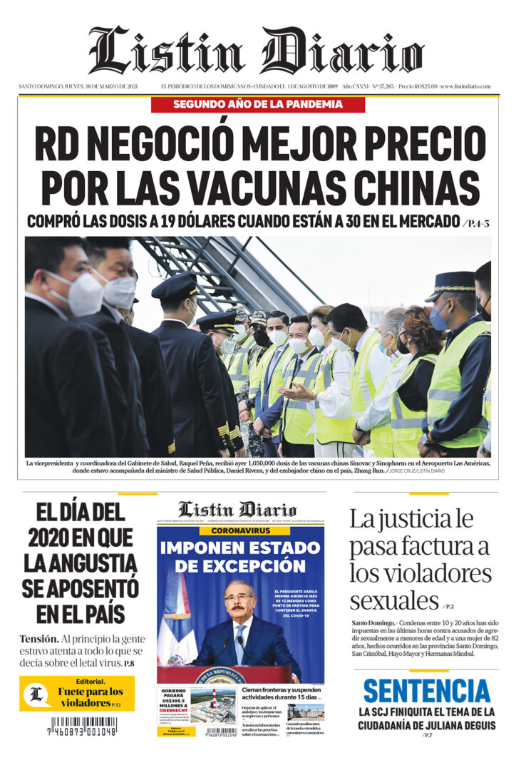 Portada Periódico Listín Diario, Jueves 18 de Marzo, 2021
