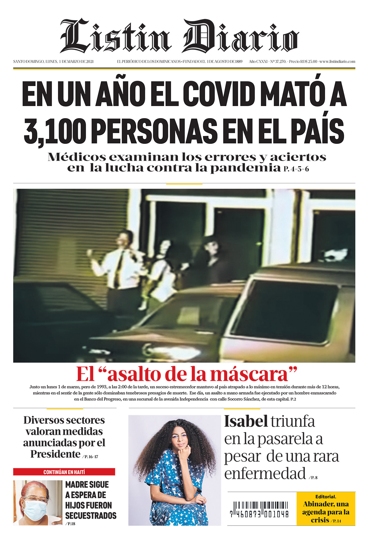 Portada Periódico Listín Diario, Lunes 01 de Marzo, 2021