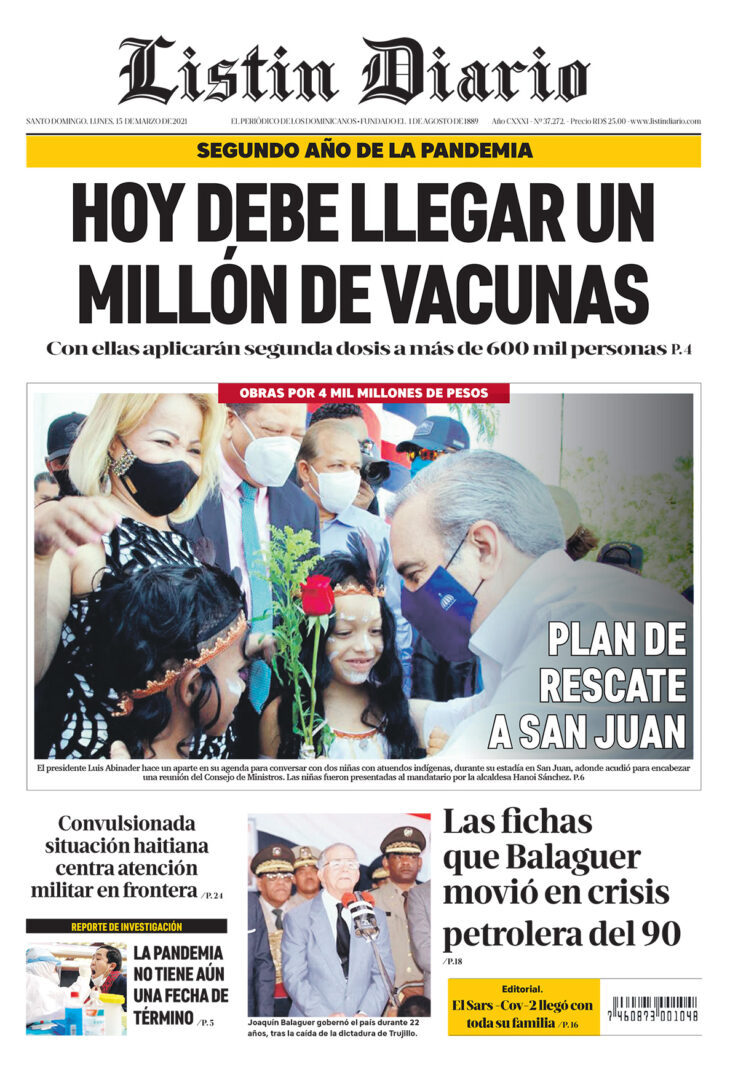 Portada Periódico Listín Diario, Lunes 15 de Marzo, 2021
