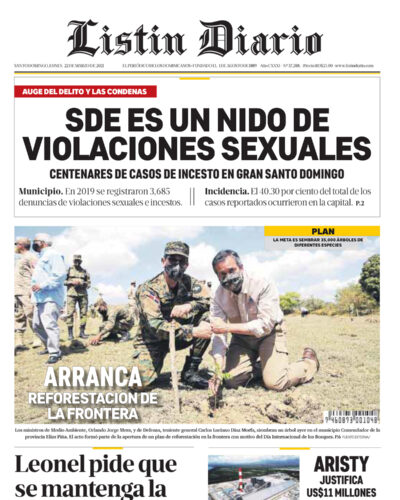 Portada Periódico Listín Diario, Lunes 22 de Marzo, 2021