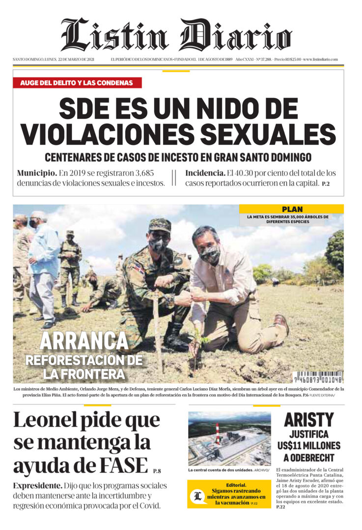 Portada Periódico Listín Diario, Lunes 22 de Marzo, 2021
