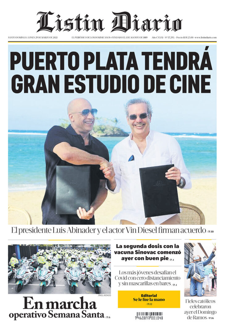 Portada Periódico Listín Diario, Lunes 29 de Marzo, 2021