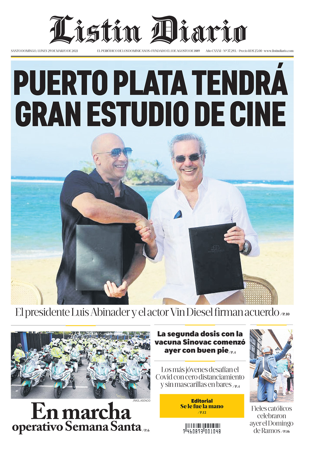 Portada Periódico Listín Diario, Lunes 29 de Marzo, 2021