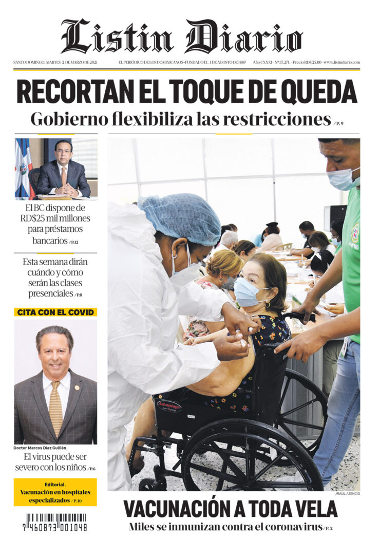 Portada Periódico Listín Diario, Martes 02 de Marzo, 2021