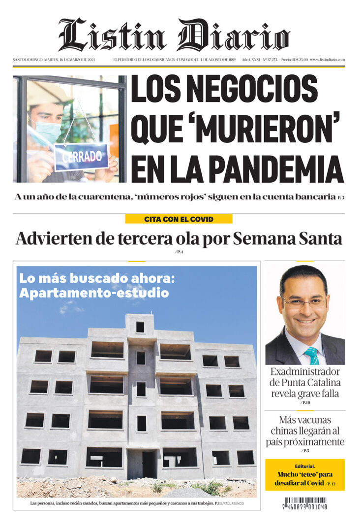 Portada Periódico Listín Diario, Martes 16 de Marzo, 2021