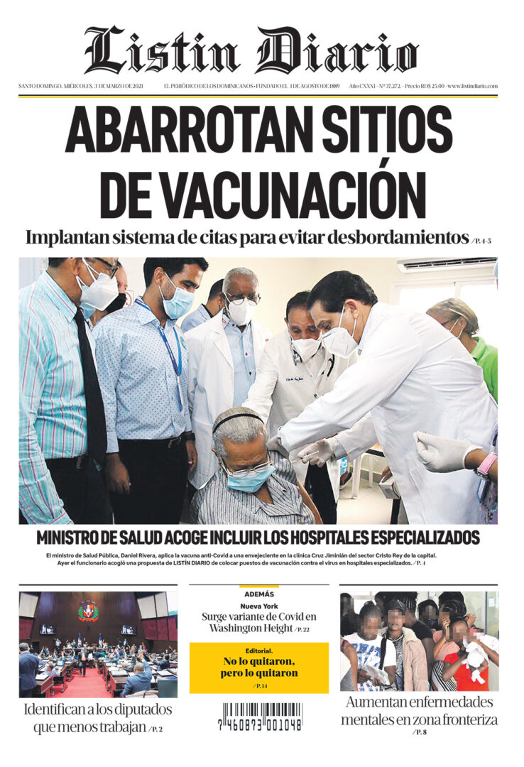 Portada Periódico Listín Diario, Miércoles 03 de Marzo, 2021