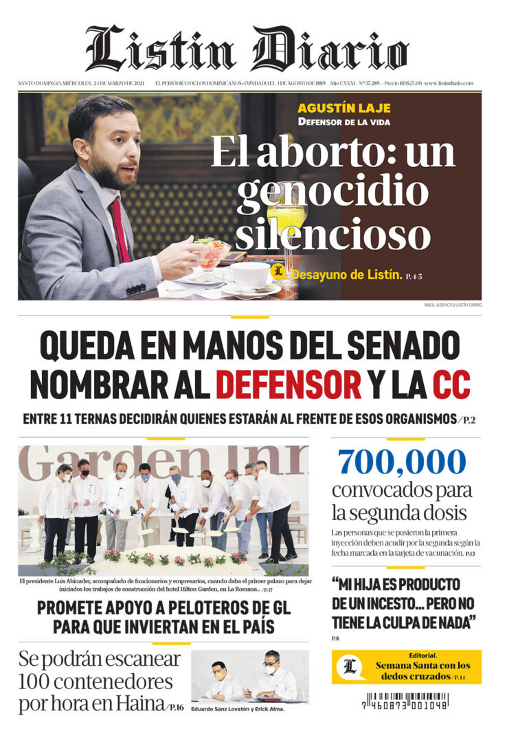 Portada Periódico Listín Diario, Miércoles 24 de Marzo, 2021