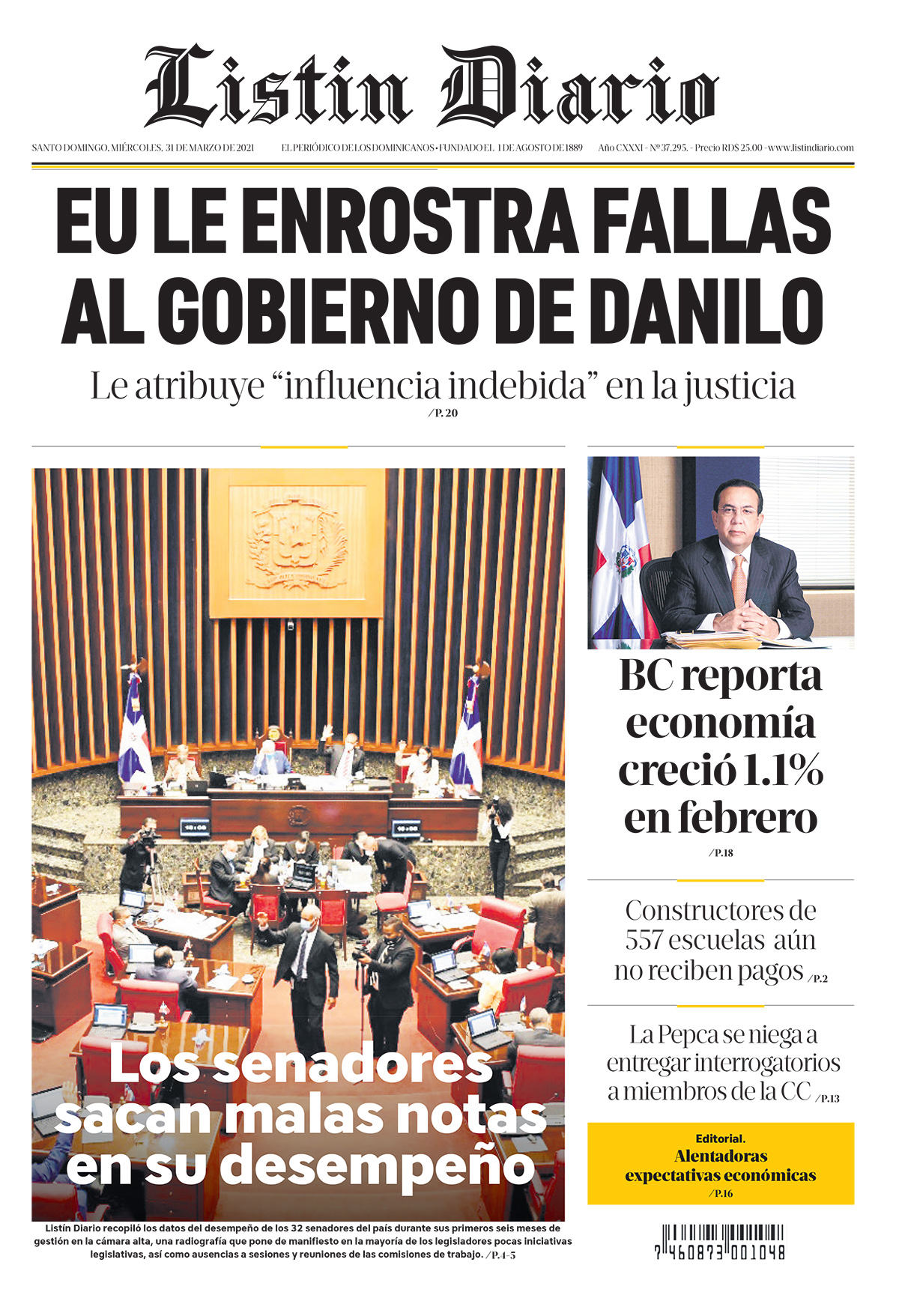 Portada Periódico Listín Diario, Miércoles 31 de Marzo, 2021