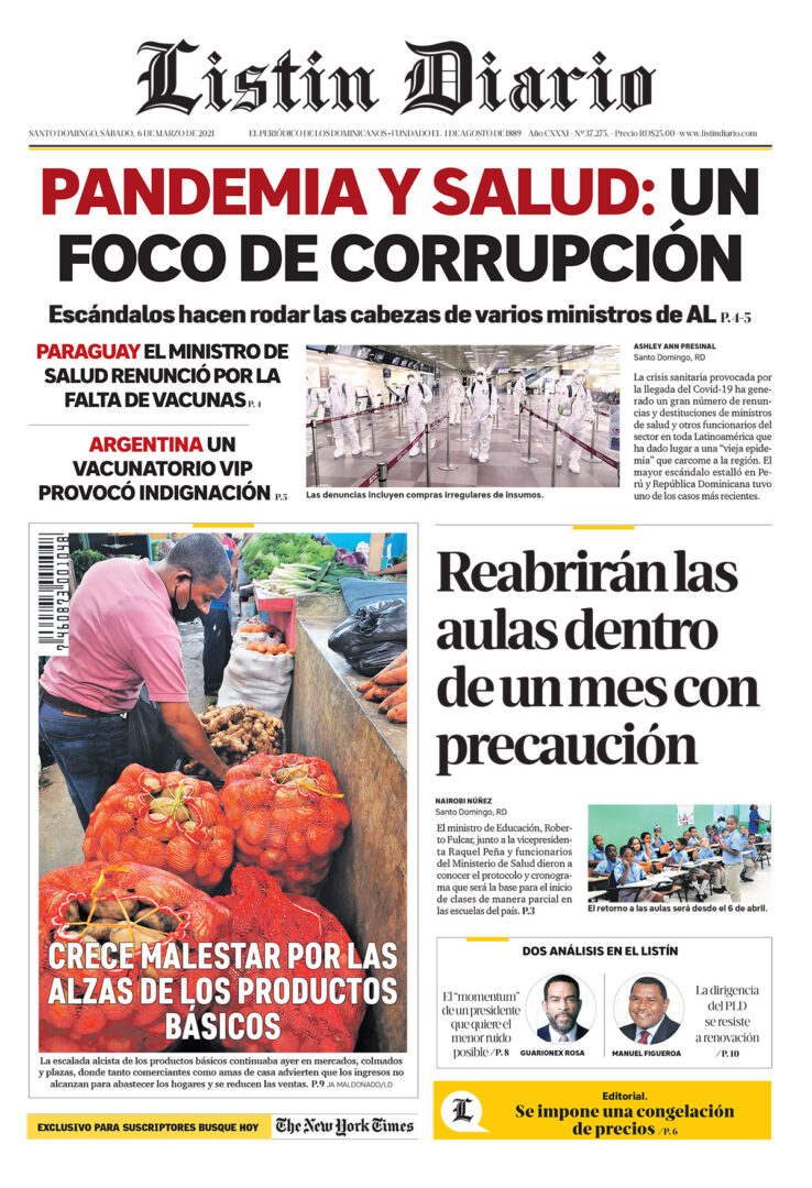 Portada Periódico Listín Diario, Sábado 06 de Marzo, 2021