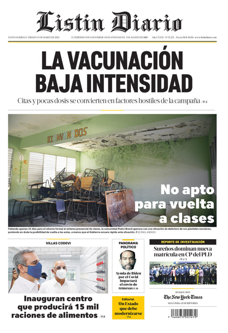 Portada Periódico Listín Diario, Sábado 13 de Marzo, 2021