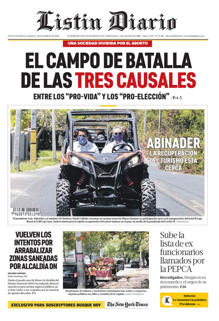 Portada Periódico Listín Diario, Sábado 20 de Marzo, 2021