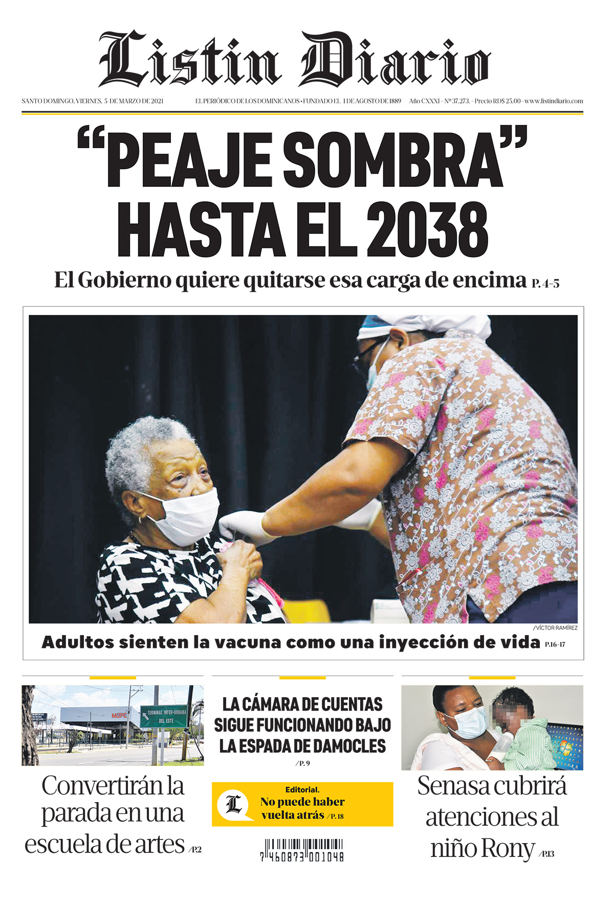 Portada Periódico Listín Diario, Viernes 05 de Marzo, 2021