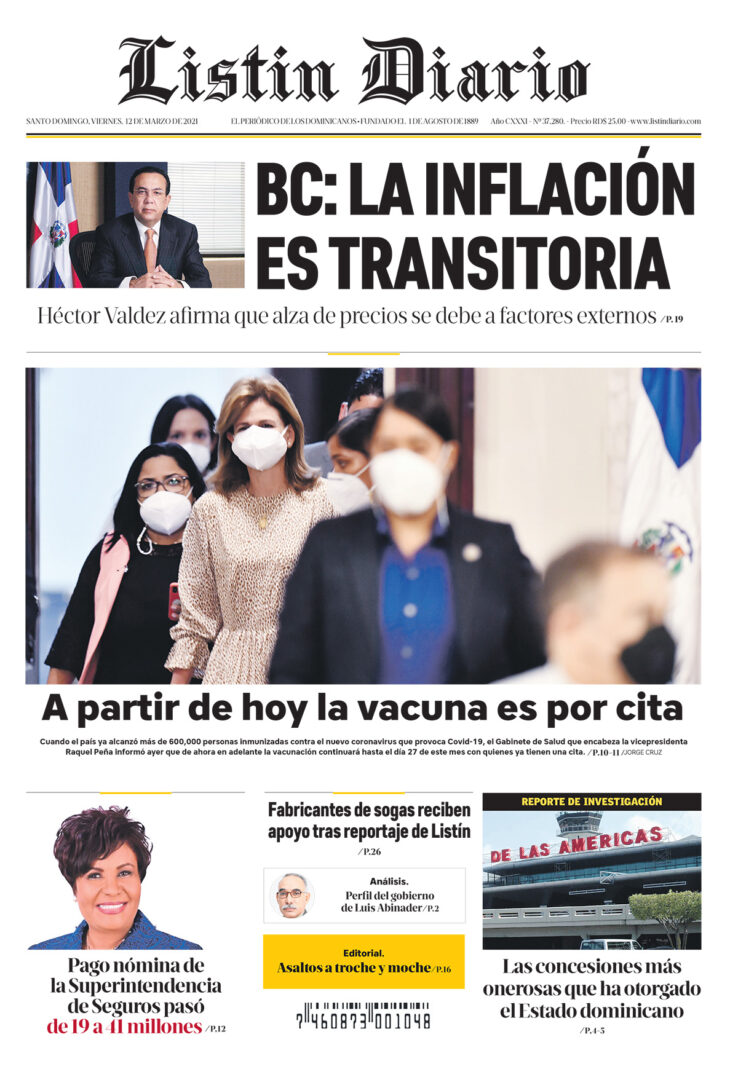 Portada Periódico Listín Diario, Viernes 12 de Marzo, 2021