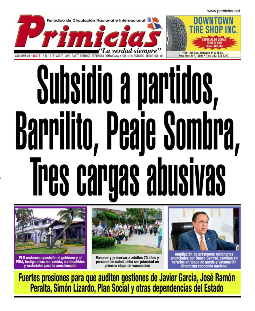 Portada Periódico Primicias, Sábado 13 de Marzo, 2021