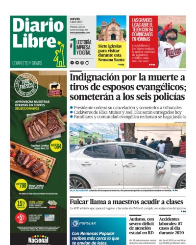 Portada Periódico Diario Libre, Jueves 01 de Abril, 2021