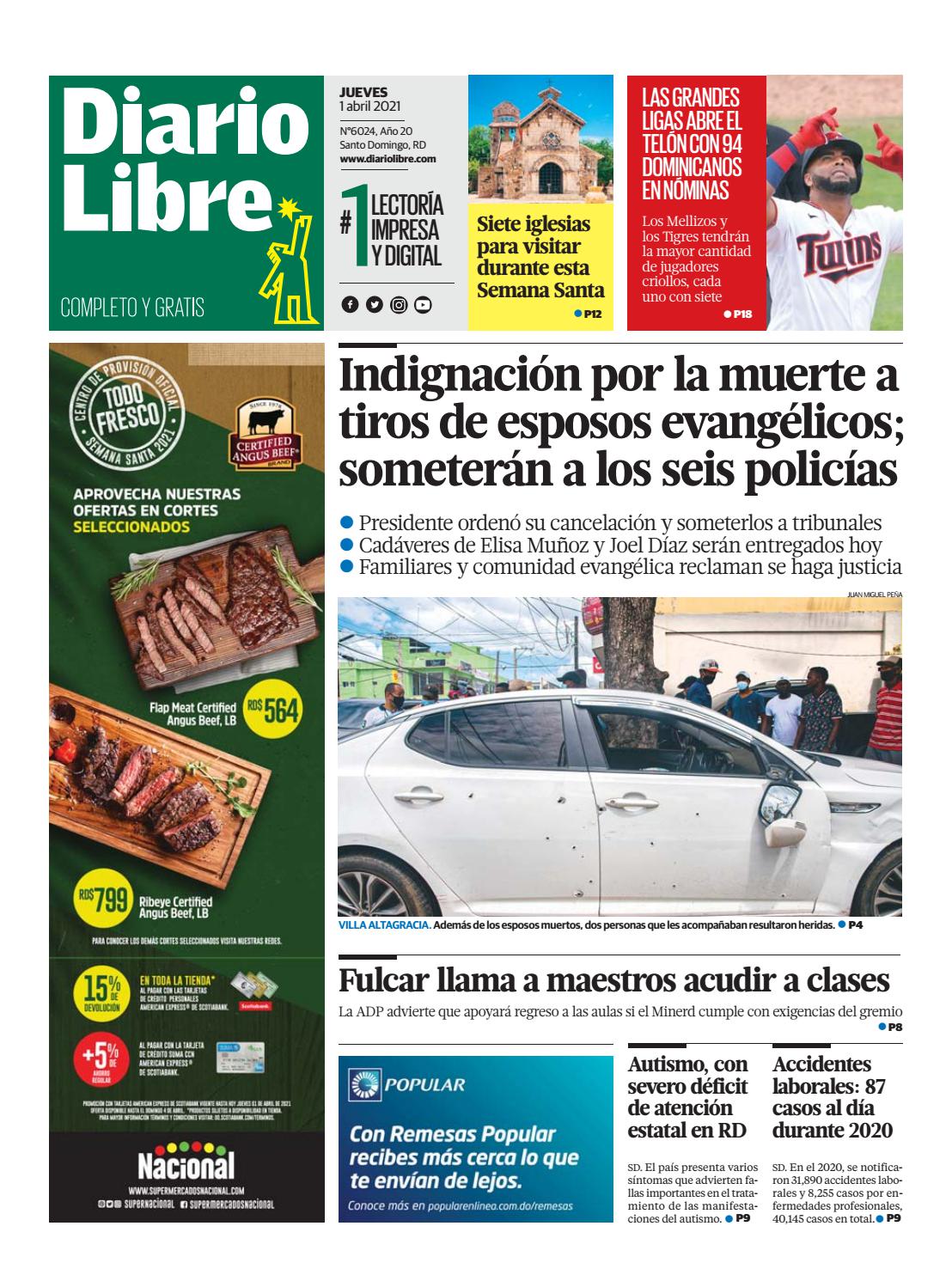 Portada Periódico Diario Libre, Jueves 01 de Abril, 2021