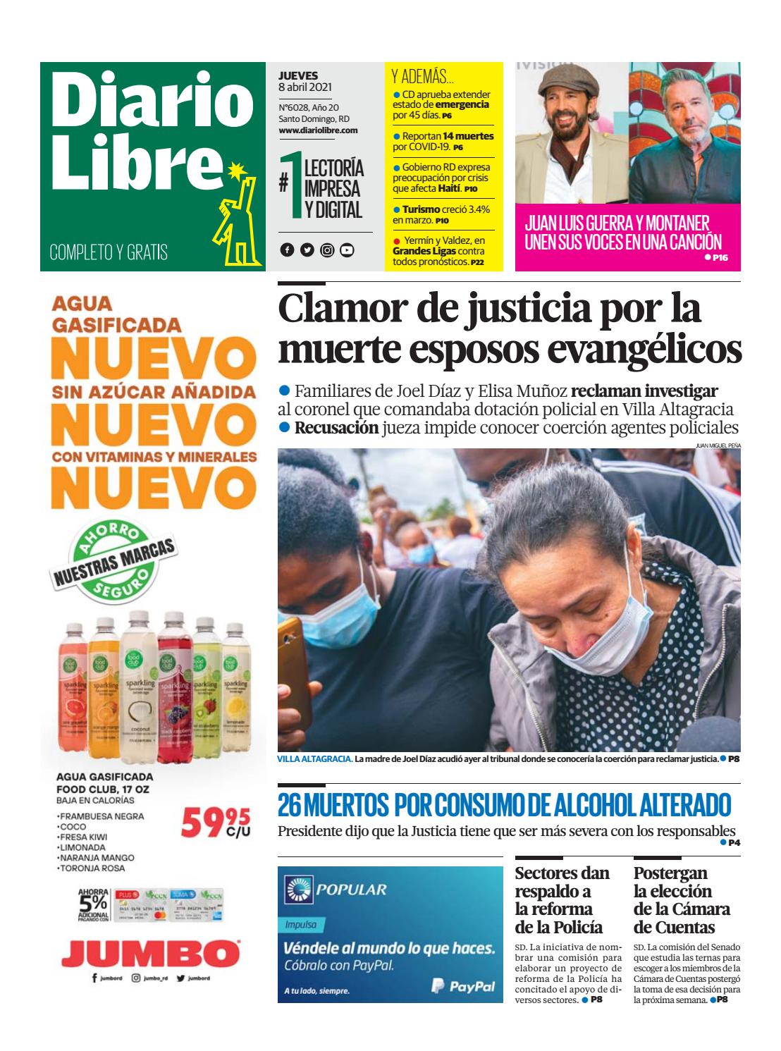 Portada Periódico Diario Libre, Jueves 08 de Abril, 2021