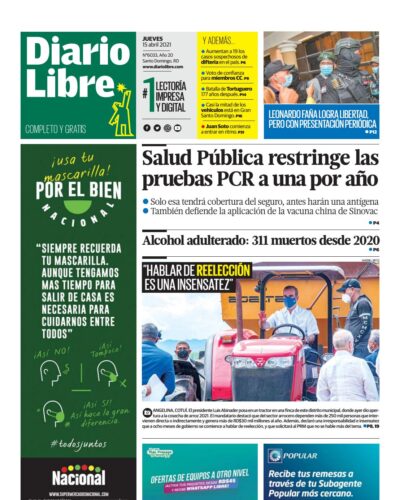 Portada Periódico Diario Libre, Jueves 15 de Abril, 2021