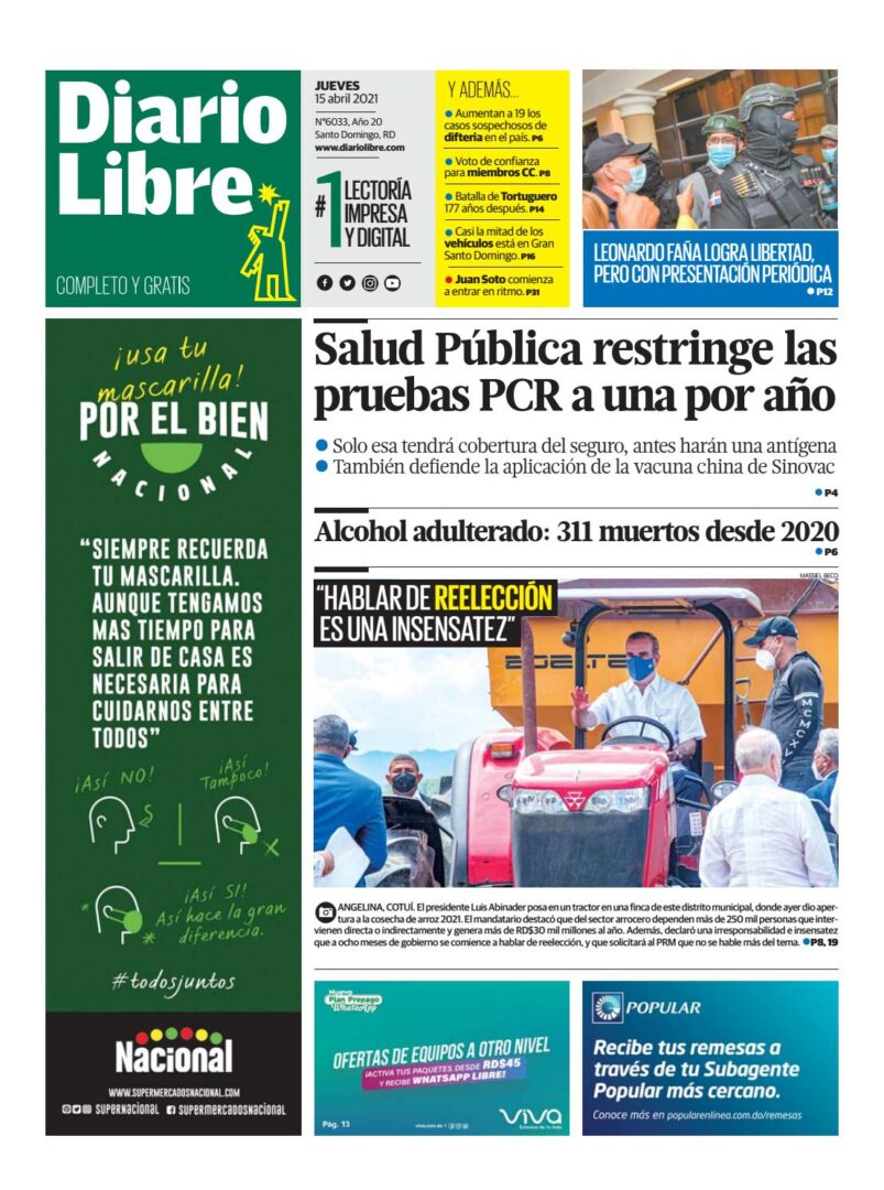 Portada Periódico Diario Libre, Jueves 15 de Abril, 2021