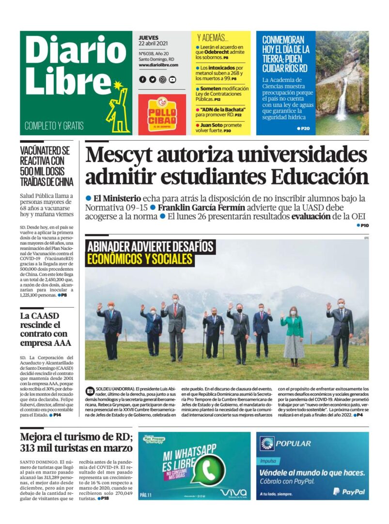 Portada Periódico Diario Libre, Jueves 22 de Abril, 2021