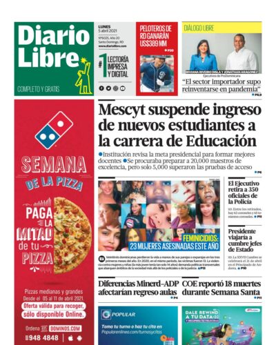 Portada Periódico Diario Libre, Lunes 05 de Abril, 2021