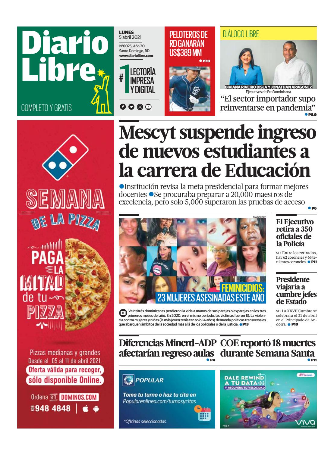 Portada Periódico Diario Libre, Lunes 05 de Abril, 2021