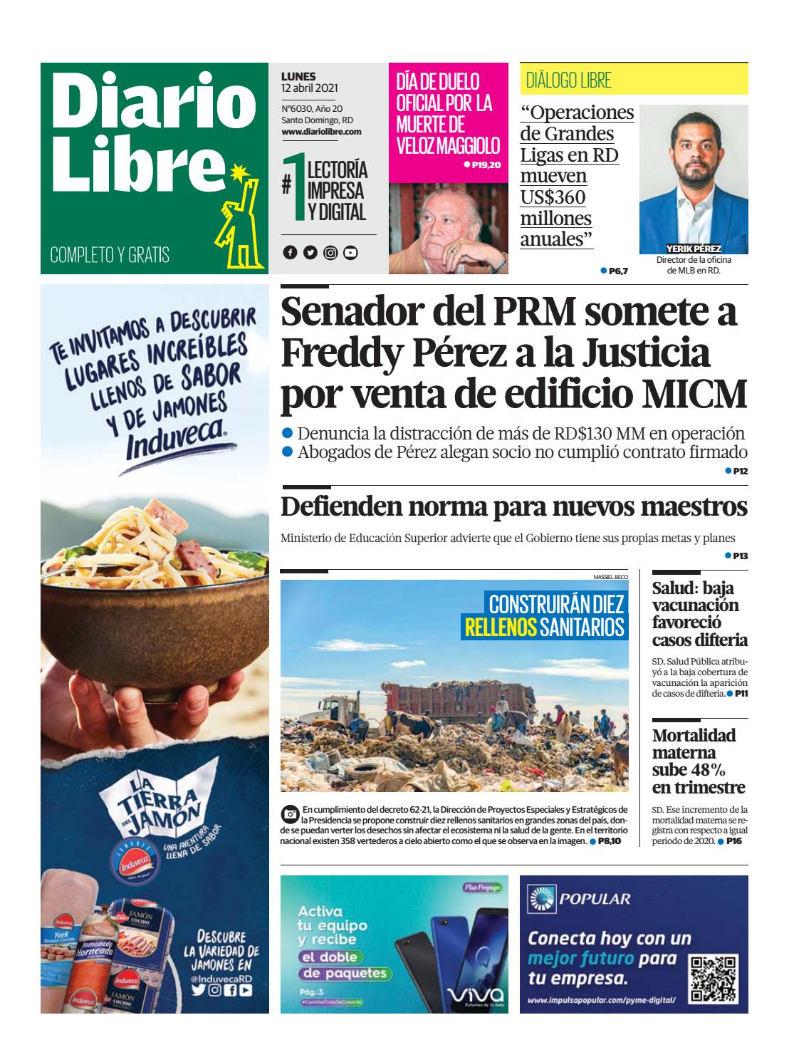 Portada Periódico Diario Libre, Lunes 12 de Abril, 2021