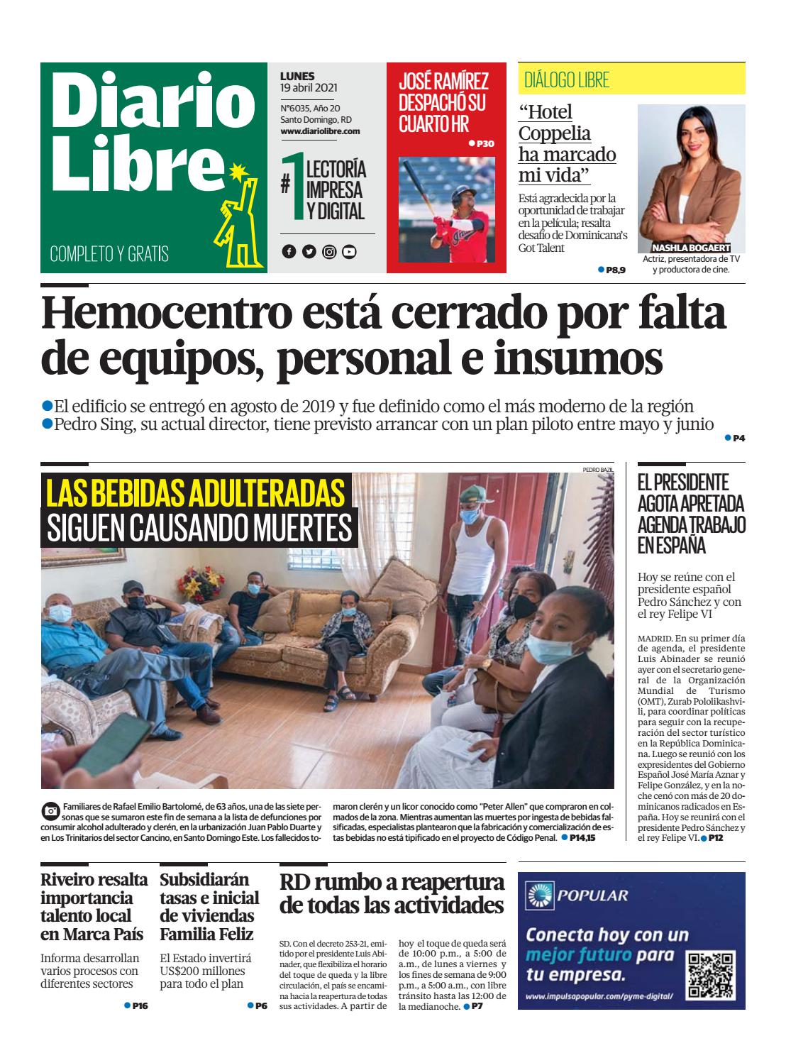 Portada Periódico Diario Libre, Lunes 19 de Abril, 2021