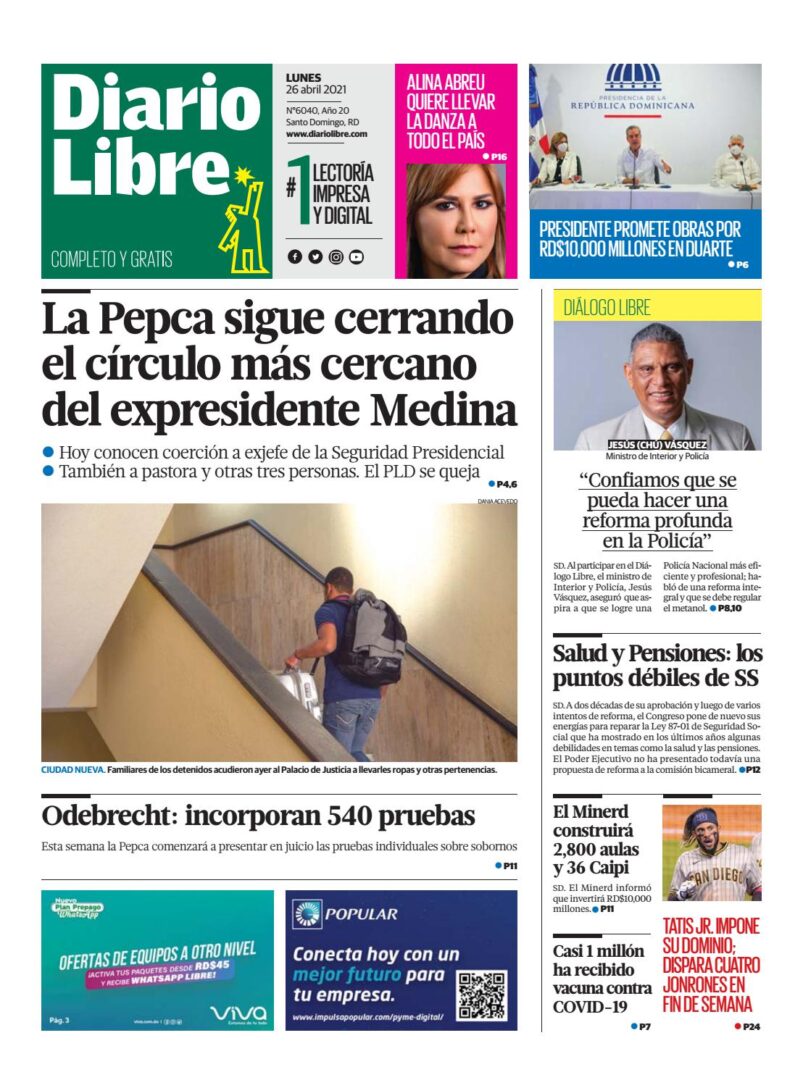 Portada Periódico Diario Libre, Lunes 26 de Abril, 2021