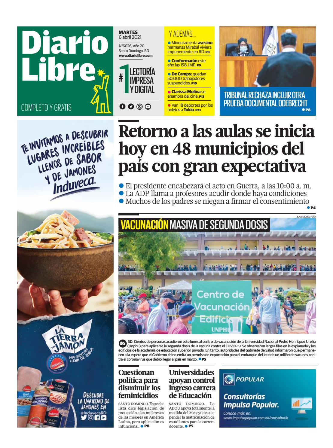 Portada Periódico Diario Libre, Martes 06 de Abril, 2021