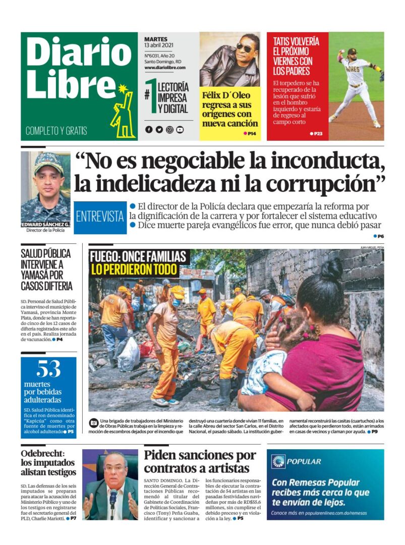 Portada Periódico Diario Libre, Martes 13 de Abril, 2021