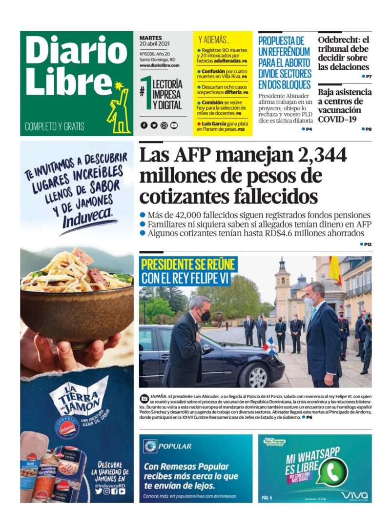 Portada Periódico Diario Libre, Martes 20 de Abril, 2021
