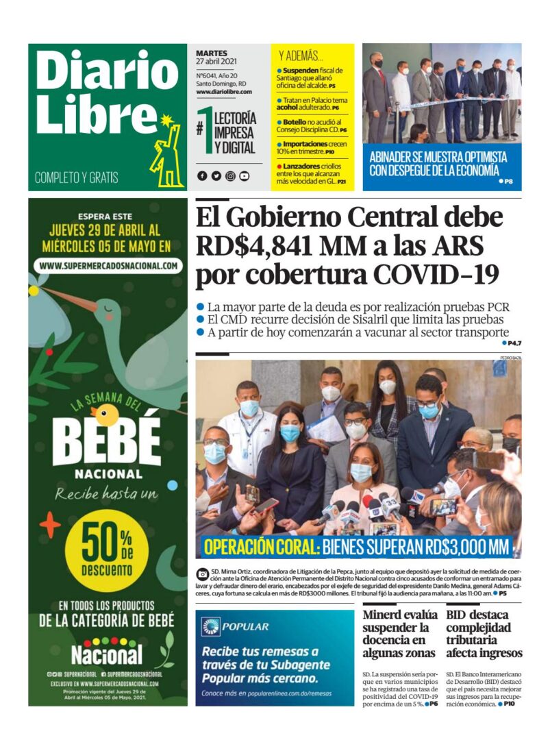 Portada Periódico Diario Libre, Martes 27 de Abril, 2021