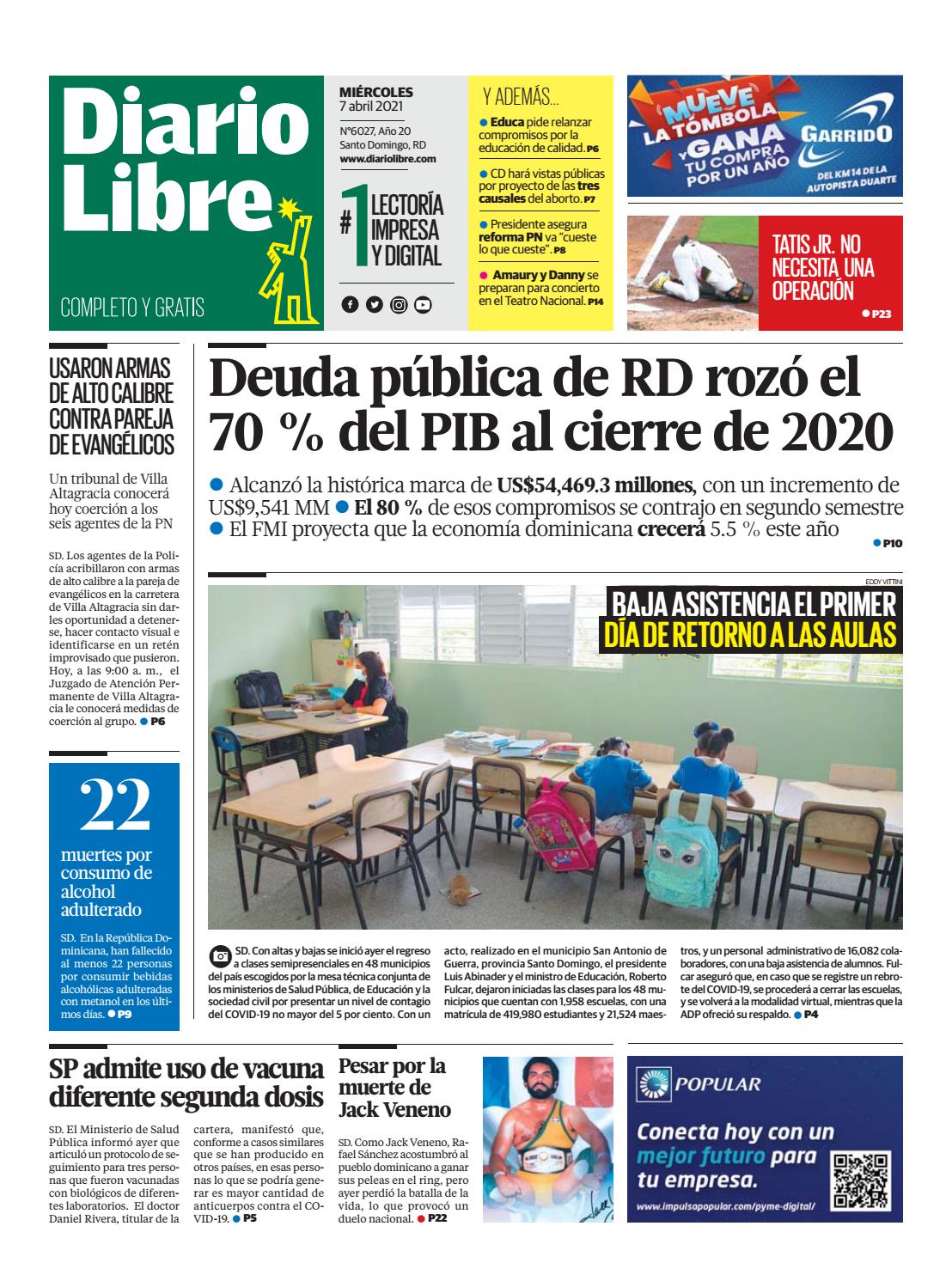 Portada Periódico Diario Libre, Miércoles 07 de Abril, 2021