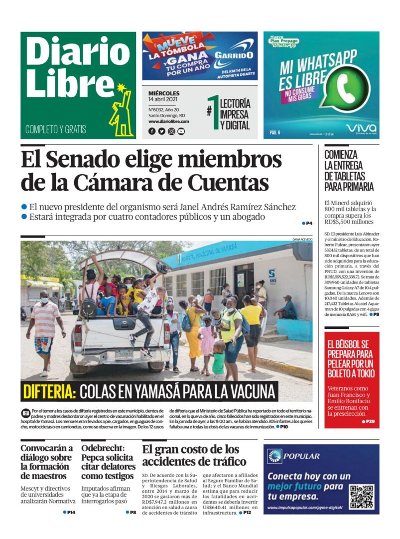 Portada Periódico Diario Libre, Miércoles 14 de Abril, 2021