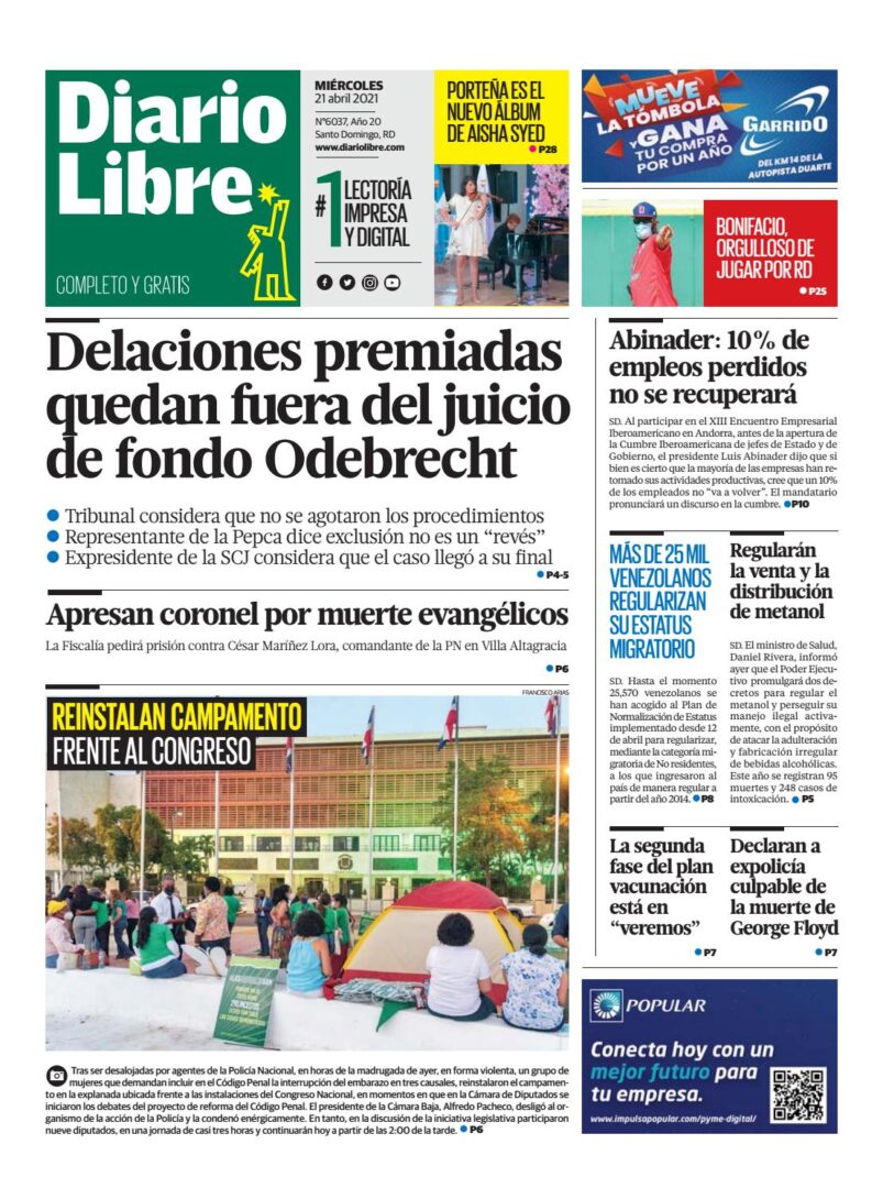 Portada Periódico Diario Libre, Miércoles 21 de Abril, 2021