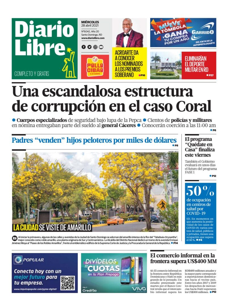Portada Periódico Diario Libre, Miércoles 28 de Abril, 2021