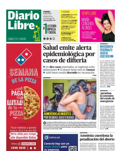 Portada Periódico Diario Libre, Viernes 09 de Abril, 2021