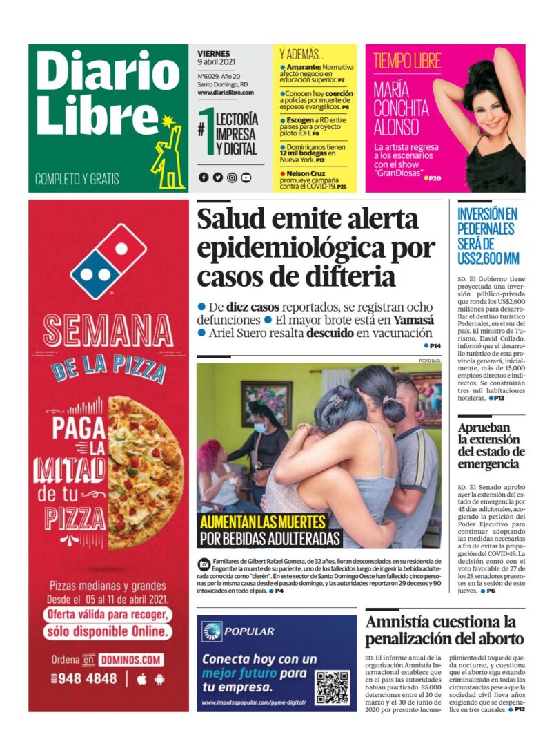 Portada Periódico Diario Libre, Viernes 09 de Abril, 2021