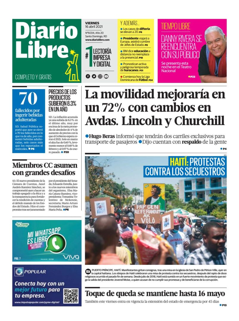 Portada Periódico Diario Libre, Viernes 16 de Abril, 2021
