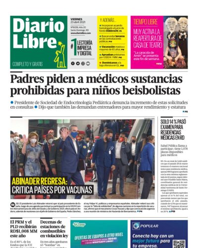 Portada Periódico Diario Libre, Viernes 23 de Abril, 2021