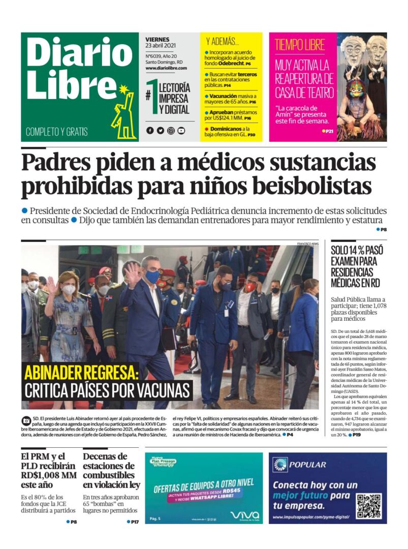 Portada Periódico Diario Libre, Viernes 23 de Abril, 2021