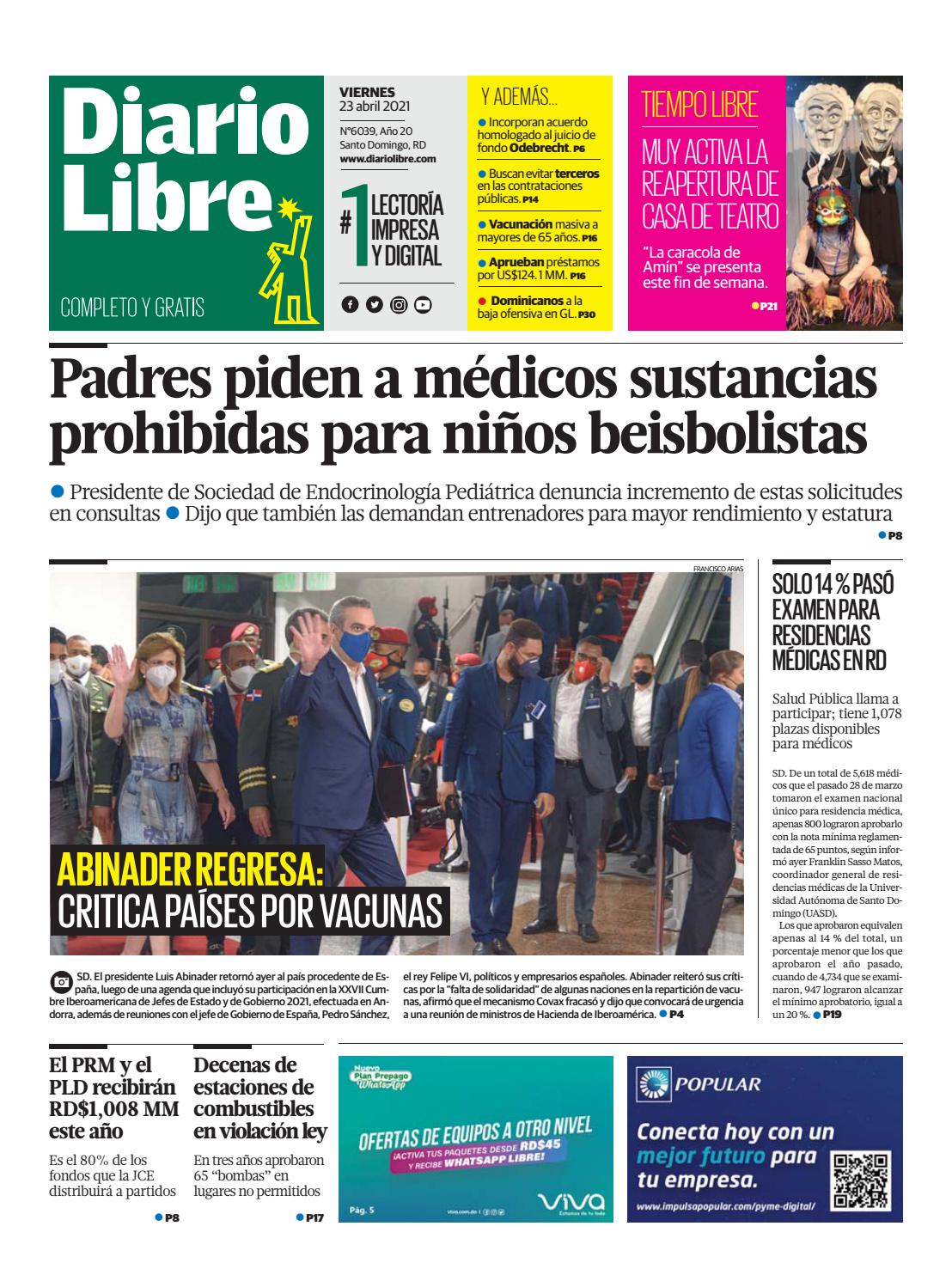 Portada Periódico Diario Libre, Viernes 23 de Abril, 2021