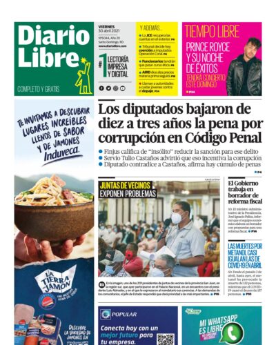 Portada Periódico Diario Libre, Viernes 30 de Abril, 2021