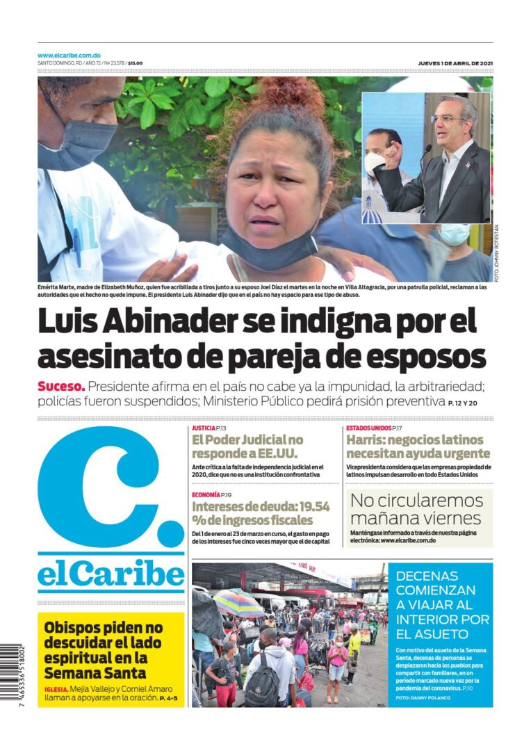 Portada Periódico El Caribe, Jueves 01 de Abril, 2021