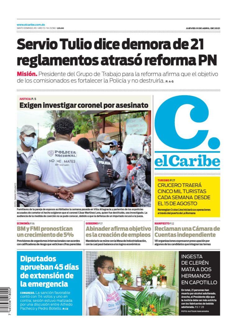 Portada Periódico El Caribe, Jueves 08 de Abril, 2021