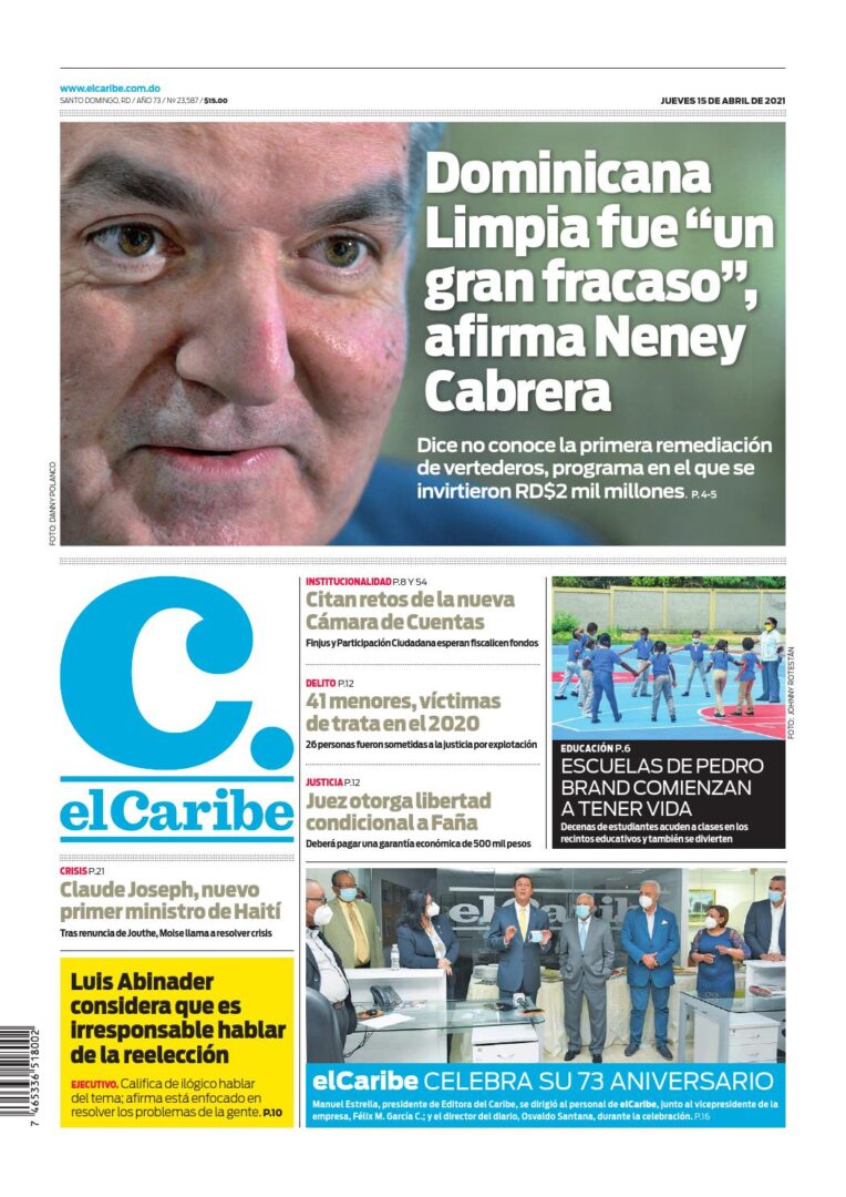 Portada Periódico El Caribe, Jueves 15 de Abril, 2021
