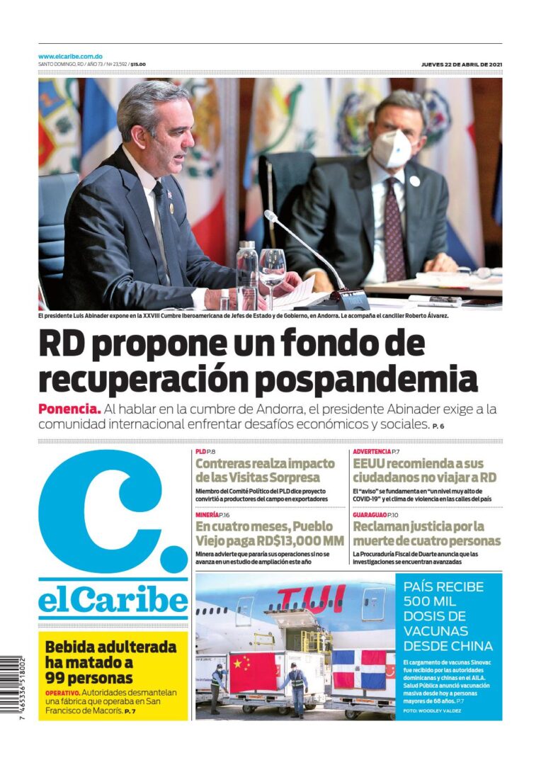 Portada Periódico El Caribe, Jueves 22 de Abril, 2021