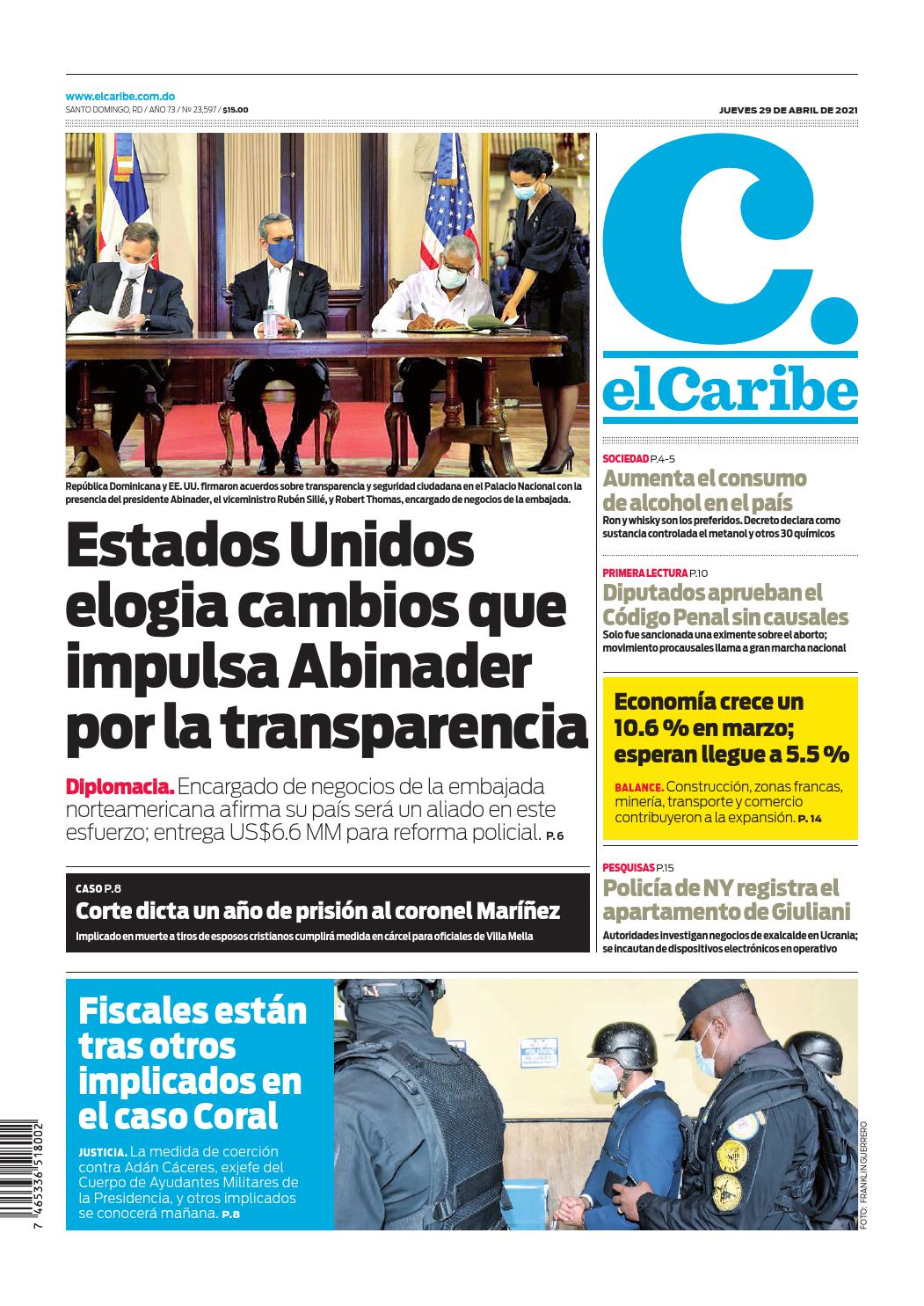 Portada Periódico El Caribe, Jueves 29 de Abril, 2021